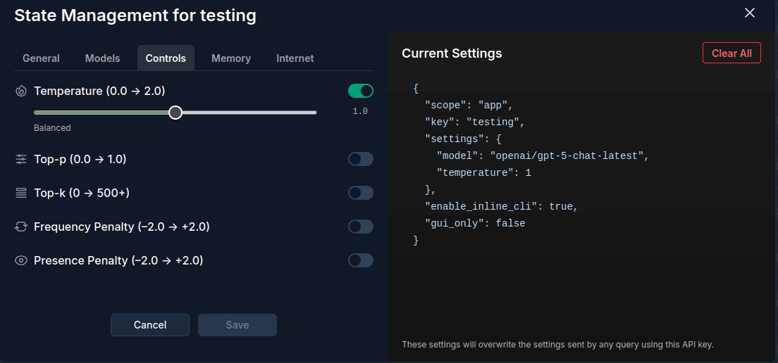 State Management - Controls Settings