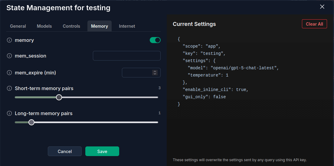 State Management - Memory Settings